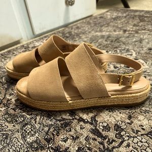 Suede sandals with rattan platform. Very comfortable and stylish.